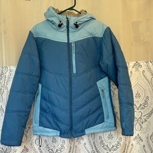 Alpine design women’s large, long sleeve zip up carver, puffer jacket, blue, NWT